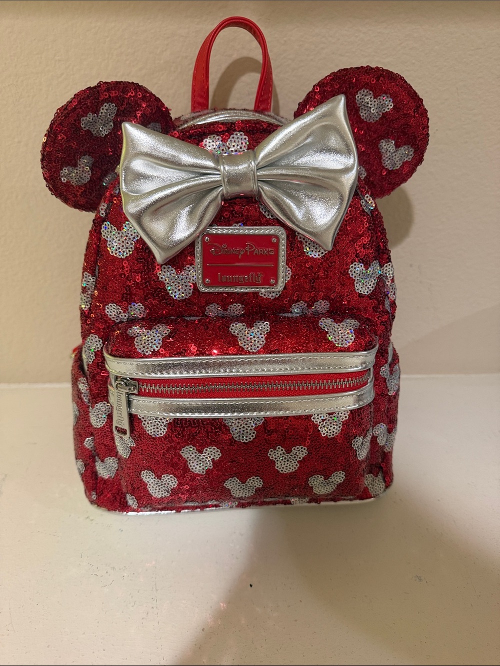 Loungefly Red Sequin Minnie Ear Mini Backpack with Silver Bow